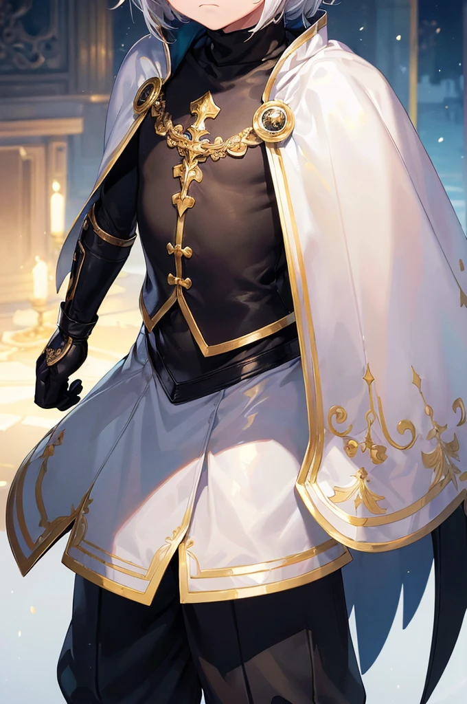 (masterpiece; best quality: 1.2), (finely detailed eyes: 1.3), ((1 male ???)), ((solo)), (yellow eyes: 1.4), (adorable; short, serious: 1.3), (short white hair: 1.3), (beautiful and clear background: 1.2), ((depth of field)), (clothes: silver light armor + black turtleneck, pants, cape, gloves: 1.3), (anime illustration: 1.2), (background; royal garden exterior+ day: 1.1), (extremely fine and handsome: 1.1), (shot composition; standing + close-up: 1.5), (expression; calm, frown: 1.2)
