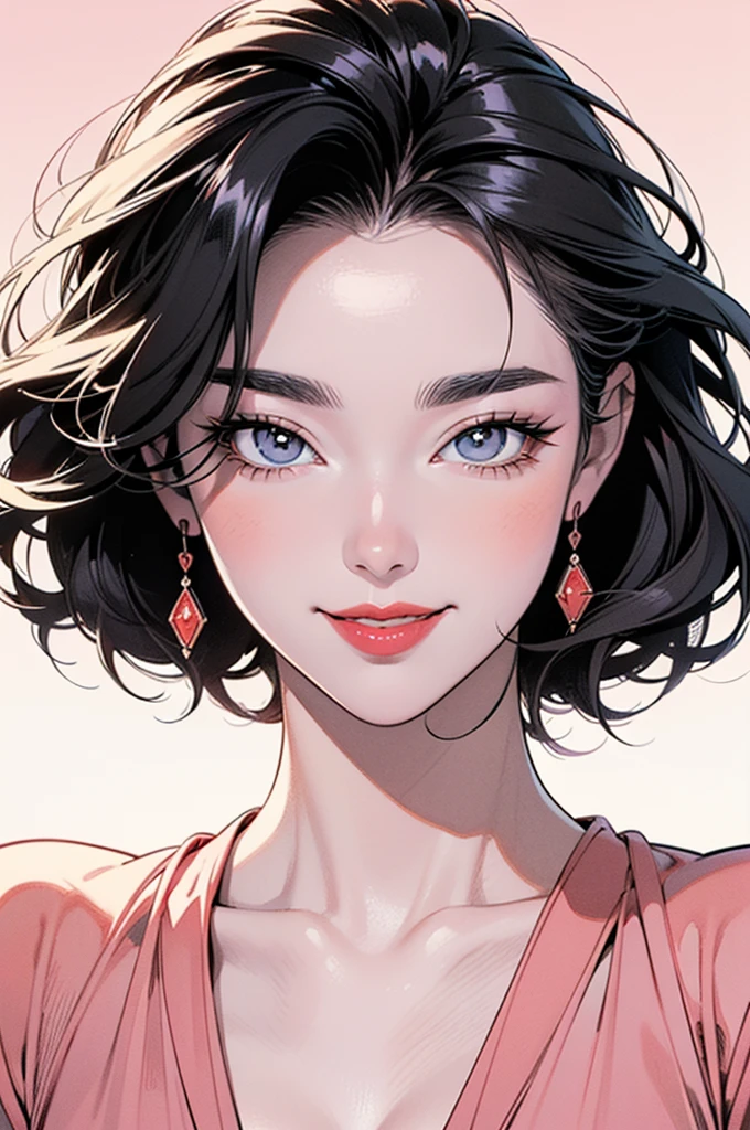 ((Manga illustration)), ((Denise Richards)) close up portrait ,solo , medium short hair, looking at viewer, blush , smile , happy , red lipstick,close up portrait, solo, focus on eyes, plain background, (in vector style), ((monochrome Manga drawing))