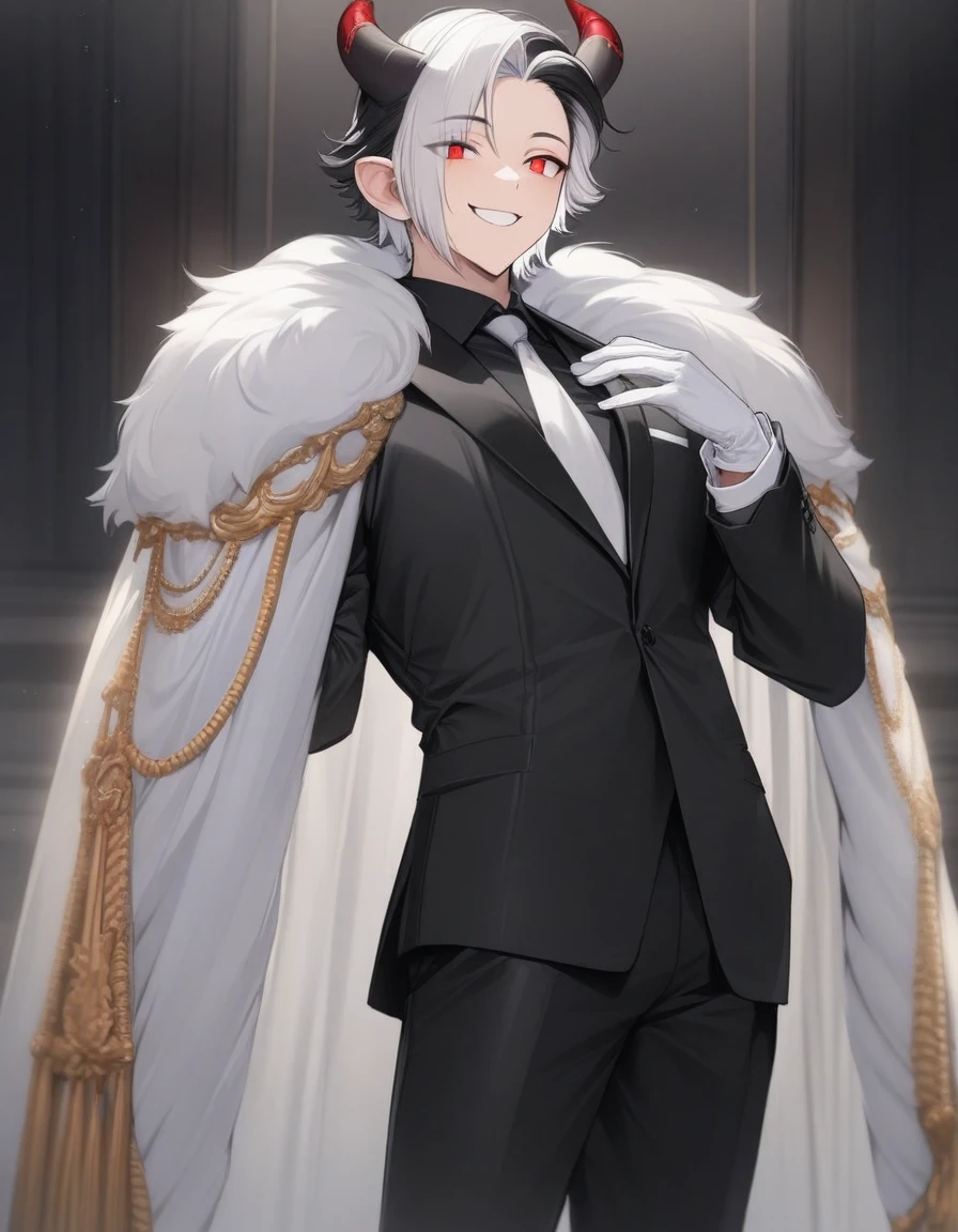 Masterpiece, detailed, Best Quality, black suit and tie , white gloves , black and white hair , multicolor fur , half and half hair , red eye color , proud smile , Chico , short hair , horns , Alone , black pantaloon , elegant , standing