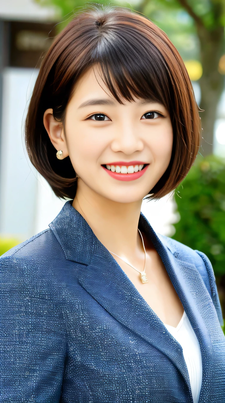 high quality:1.2), RAW Photos, High resolution, Very detailed, Intricate details,、Black Hair、Short Haircut、ear piercing、smile、Emphasis on teeth、, (Front view, ), Clear beauty, Necklace around the neck、,, (High Quality Fabric, Office Lady Suits、Jacket、Unbuttoned white shirt） 、Detailed face, indoor,
