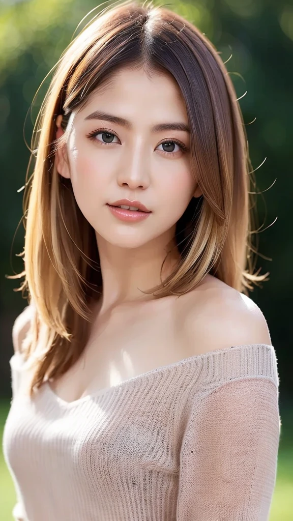 beautiful japanese woman、1 person,very pretty and slim、outstanding style 、((8K image、super high quality))、very delicate face, skin and hair、short hair、straggling hair,(((((gradation hair、blonde))))),Very cute Japanese cut face、Eyes and nose are clearly visible、gentle eyes,(((off shoulder sweater、simple background、looking at the viewer)))