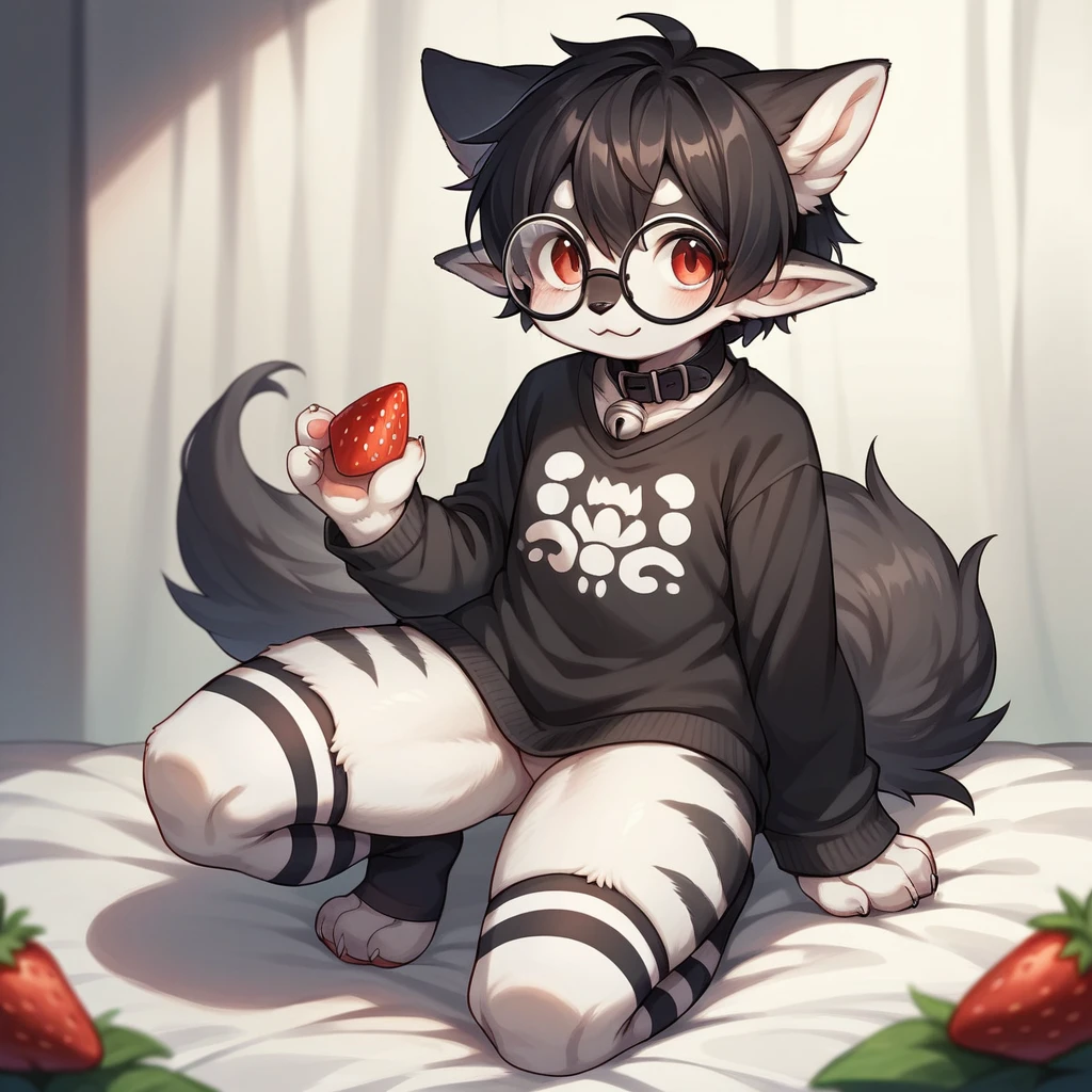 Furry wolf all black, black fur, pointy wolf ears, black ears, face with black hair, strawberry red eyes, god of eyes, detailed artwork, black fur, skin detailed, cute fur, black short hair, black belly, shiny hair, Round glasses without lenses, Black glasses, Black sweater with white stripes, white silk socks Gray stripes, cute thighs, detailed thighs, black thighighs, cute paws, black collar with white bell, cute wolf, black hair on thighs, sitting on one knee, legs spread open, kemono furry, detailed groin, detailed back, extremely detailed artwork,