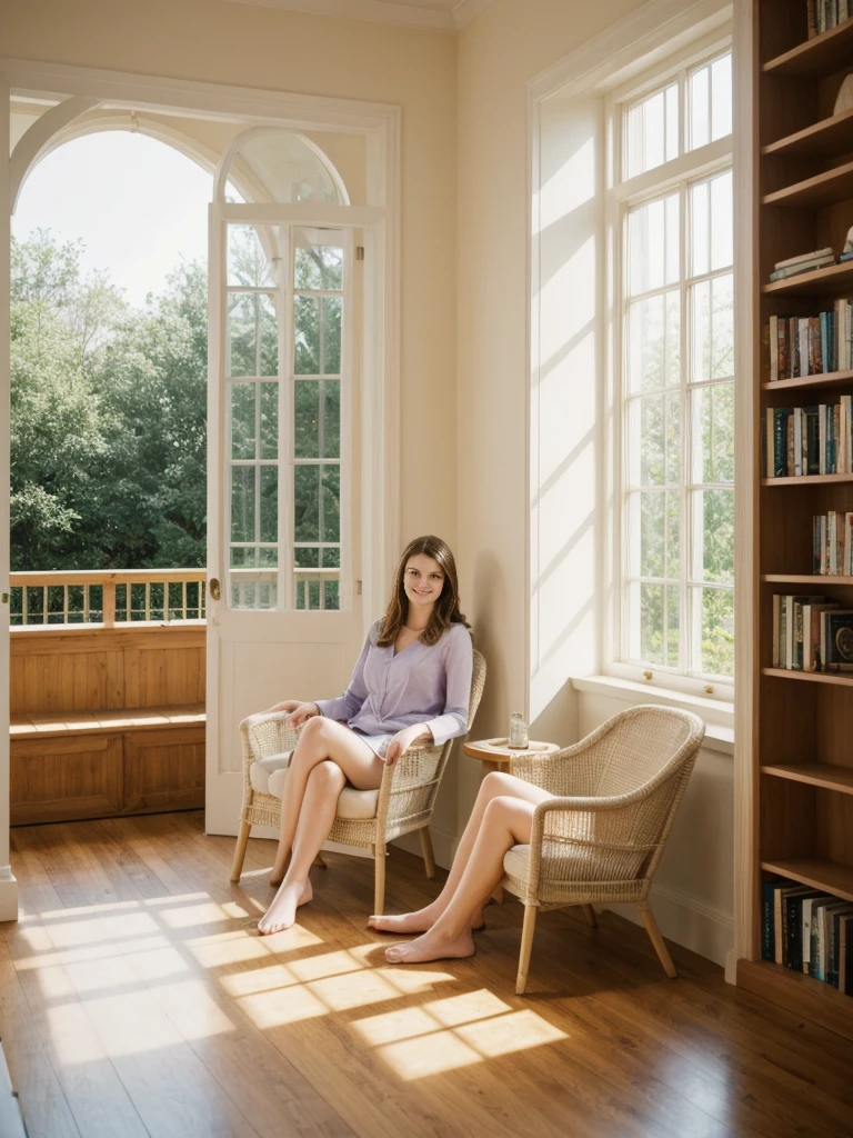 her name is Marie, high quality, 1girl, ((20-year-old fit Caucasian woman)), ((20 years old)), ((fit)), ((pale skin tone)), medium length straight blonde hair , wearing Pastel Lavender Linen Wrap Dress, pose: standing, background: Capture the warm ambiance of a family-owned bookstore, where shelves are filled with well-loved novels, and sunlight filters through the windows onto reading nooks with comfy armchairs.