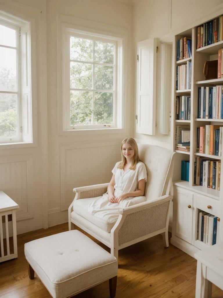 her name is Marie, high quality, 1girl, ((20-year-old fit Caucasian woman)), ((20 years old)), ((fit)), ((pale skin tone)), medium length straight blonde hair , wearing Pastel Lavender Linen Wrap Dress, pose: standing, background: Capture the warm ambiance of a family-owned bookstore, where shelves are filled with well-loved novels, and sunlight filters through the windows onto reading nooks with comfy armchairs.