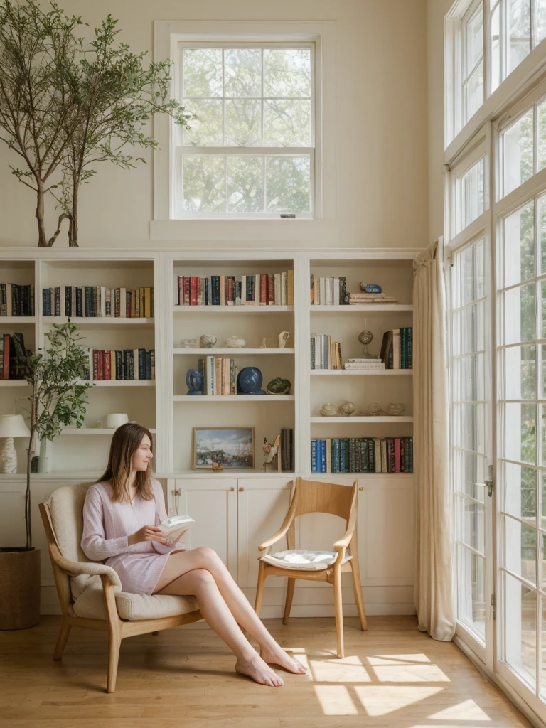 her name is Marie, high quality, 1girl, ((20-year-old fit Caucasian woman)), ((20 years old)), ((fit)), ((pale skin tone)), medium length straight blonde hair , wearing Pastel Lavender Linen Wrap Dress, pose: standing, background: Capture the warm ambiance of a family-owned bookstore, where shelves are filled with well-loved novels, and sunlight filters through the windows onto reading nooks with comfy armchairs.