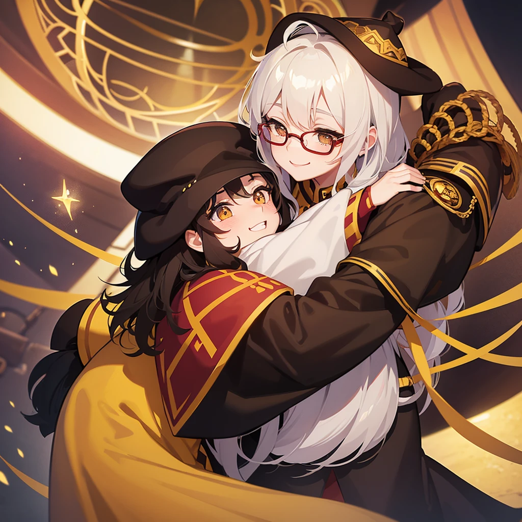 girl friends 1) Gryffindor uniform long black hair, Light brown eyes, round gold glasses, hogwarts hat.
2) uniforme hufflepuff, white eyes and long white hair smiling blushing cheeks hug