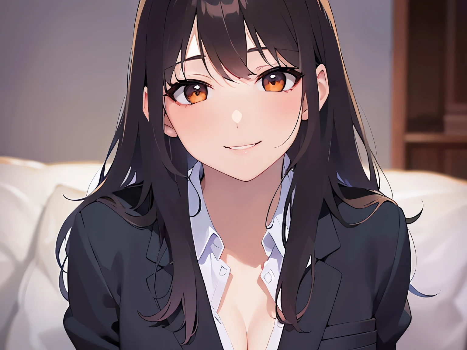 looking at viewer、facing viewer、 Realistic, real person, (pale skin: 1.2), RAW photo, photorealistic, shiny skin, shiny hair、 (A 35-year-old woman with medium-length hair and bangs) and (wavy hair) and (brown hair) and (Orange Eyes) ,(smile:1.5), blush,(Wearing a business suit:1.5) and (Wearing a white collared shirt)、,The background is the living room at night、Alone、Wearing a black jacket、Cleavage、BREAK half closed eyes BREAK,,sitting sofa、open arms for viewer