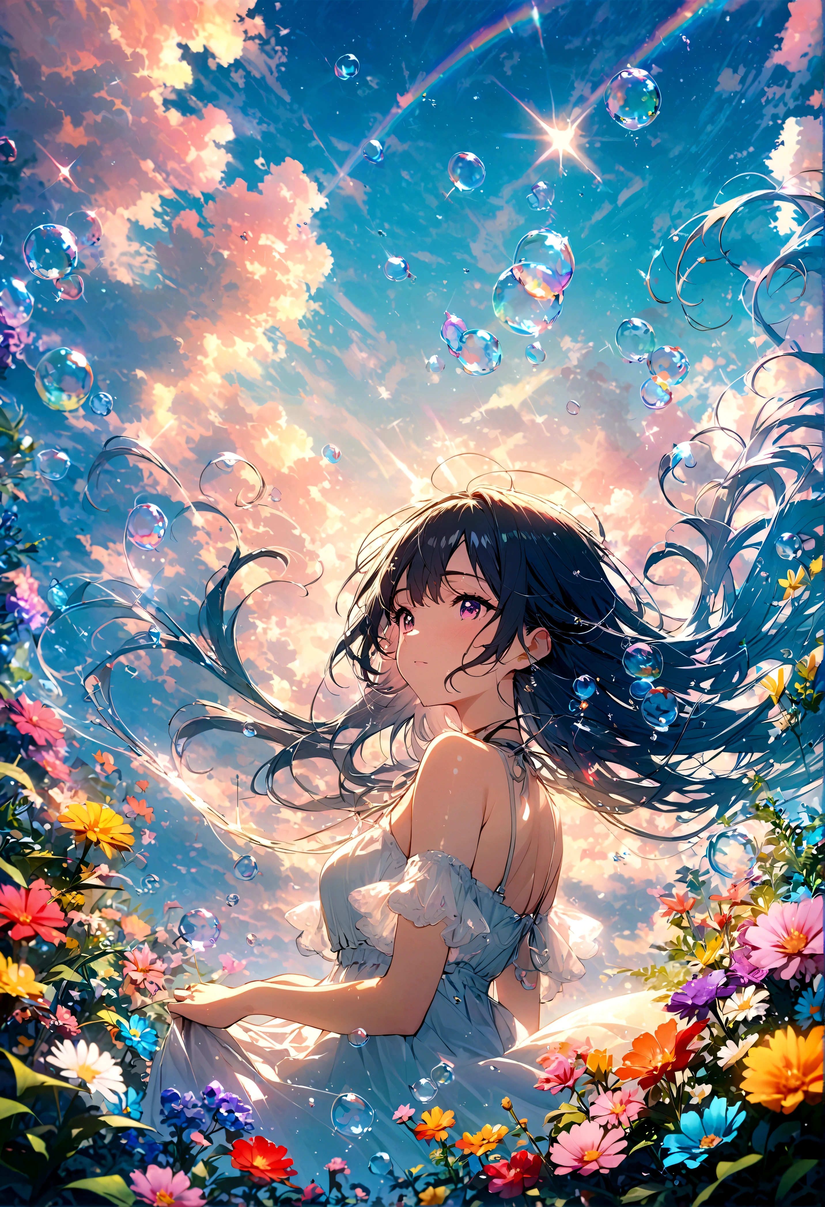 JK,Flowing hair,Beautiful sky, Beautiful clouds, Summer,Colorful flowers, (Crystal clear bubbles sparkle in the sky), masterpiece,high resolution