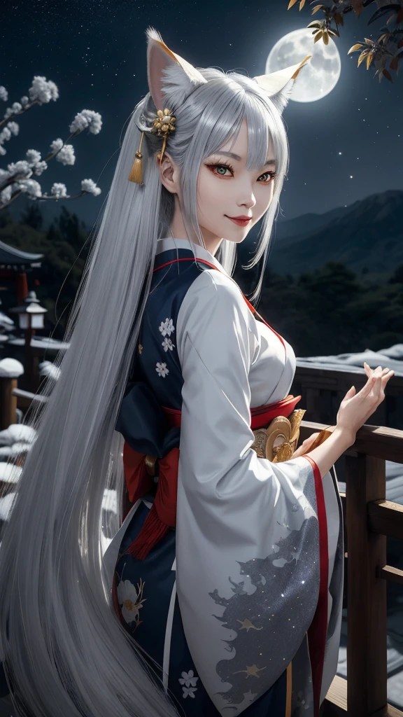 Kitsune girl,hime cut,have silver or white or gray eyes,gold darkblue and red tones japanese cloth, geisha dress theme sun&moon , traditional japanese , long white hair,silver fox ears, have kitsune tail, beautiful woman, silver eyes, elegant, young adult beautiful,night , starry night,sexy eyes,flirting,smile, erotic