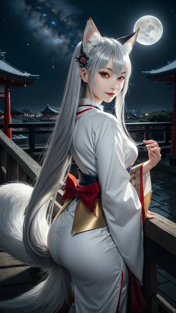 Kitsune girl,hime cut,have silver or white or gray eyes,gold darkblue and red tones japanese cloth, geisha dress theme sun&moon , traditional japanese , long white hair,silver fox ears, have kitsune tail, beautiful woman, silver eyes, elegant, young adult beautiful,night , starry night,sexy eyes,flirting,smile, erotic