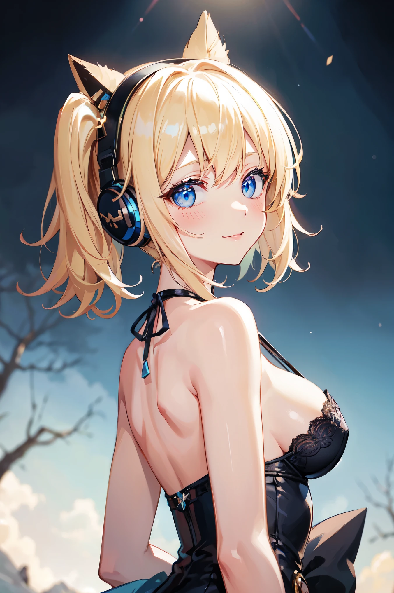 Absurd, (solo:1.5,)Ultra-detailed,Bright colors, Very beautiful and detailed anime faces and eyes, View from the front, ;D, Shiny_skin,Age 25, short hair, , Asymmetrical bangs, Blonde hair in short pigtails, Shiny髪, Delicate beautiful face, blush、(Deep blue eyes:1.4)、Smile、Small Necklace、hair with delicate and complex lines, Fleeting Colors, 2020 Kantoku-style painting, Tessellation, Large Breasts, Cleavage, (View your viewers), (look back), Headphones, Wireless Headphones, Wide Shot, From behind, lingerie, White bra, White panties, indoor