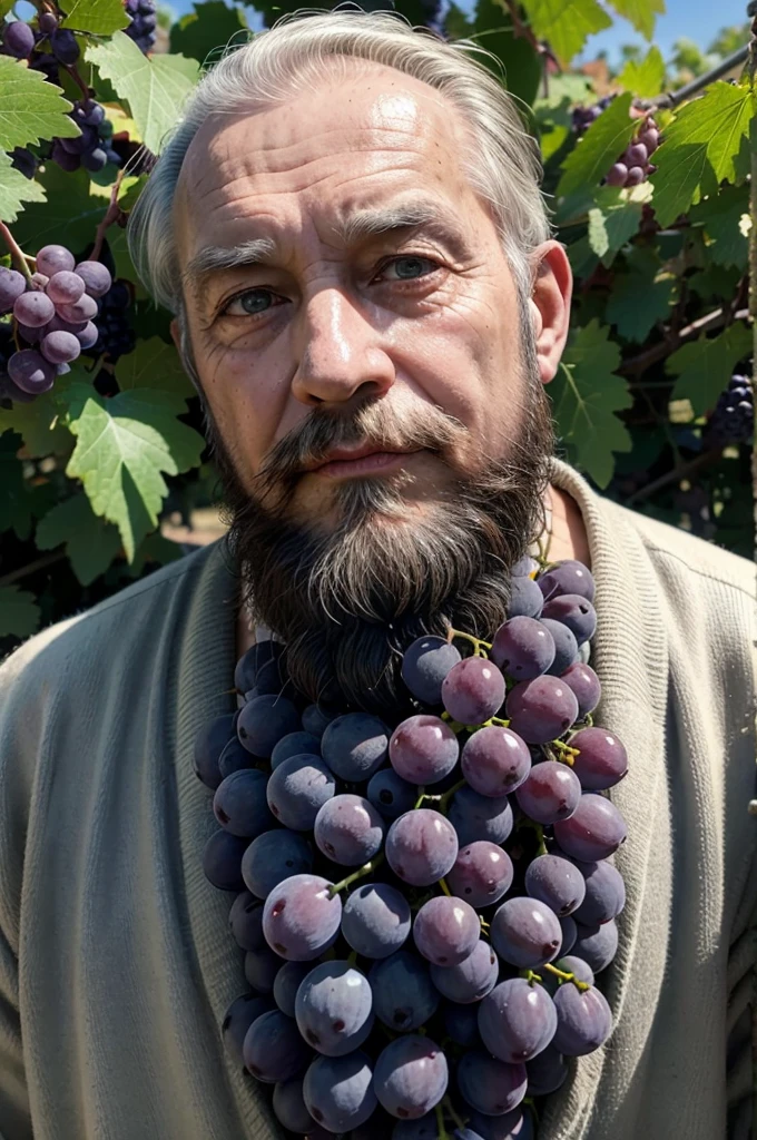 old man 80 years old beard big bunch of grapes vineyard