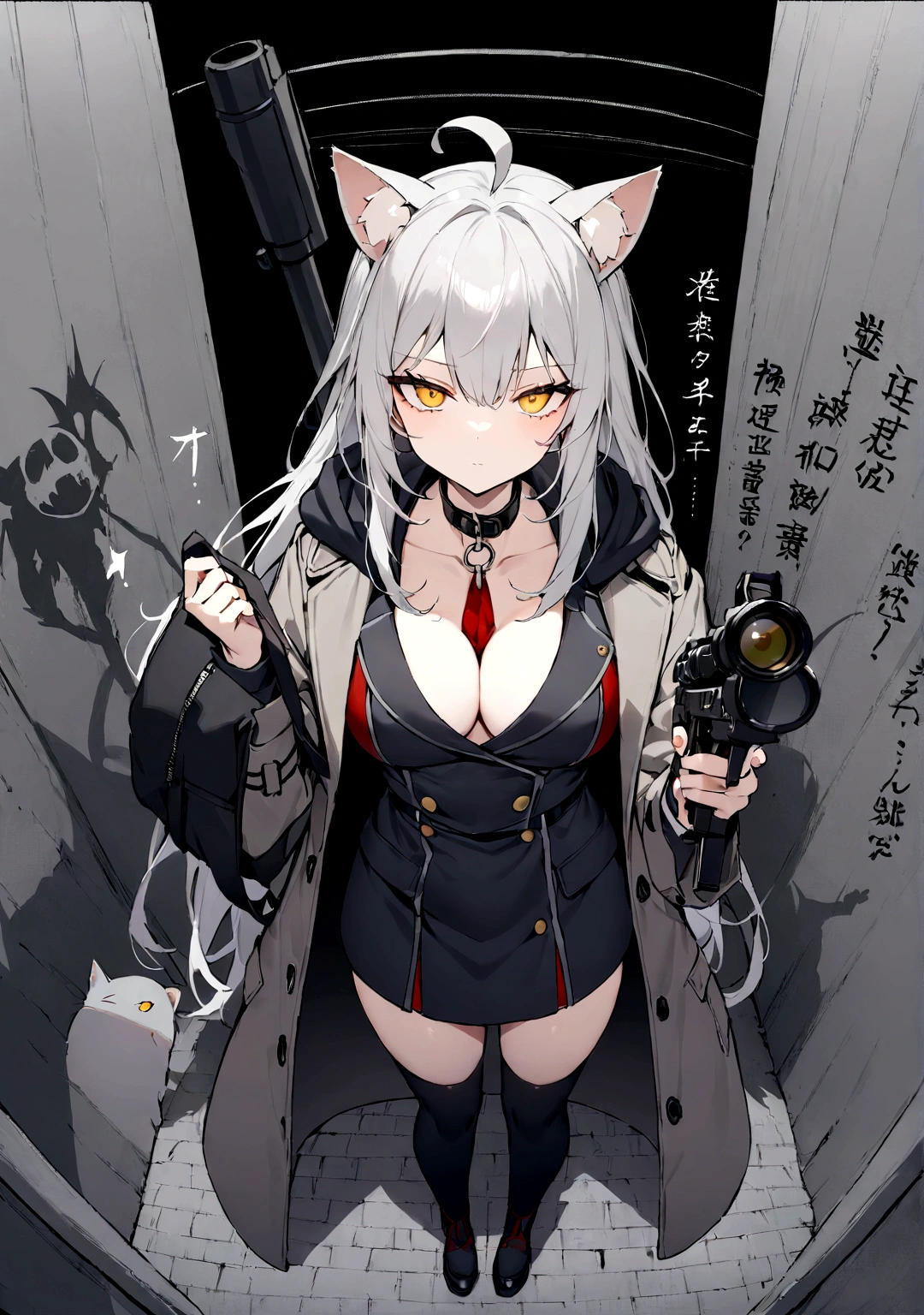 Gun on shoulder、(masterpiece, best quality:1.2), 1girl, 独奏,Black military uniform、Looking through the scope、Gray cat ears、Point your gun at us、Grey long hair、Ahoge、Yellow Eyes、Grey trench coat、Gray cat ears、The hoodie I took off was my carry-on baggage.、Ready your gun?、sniper rifle、Background of military bases、Fisheye Lens、battlefield、Shadows of light and darkness、Expressionless、Grim face、battle、Gray trench coat、Black knee socks、Cleavage、Black collar、Holding a black hoodie、Take off your black zip-up hoodie