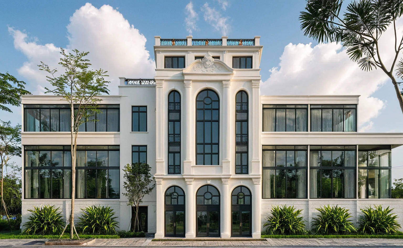 Raw photo, Masterpiece, high quality, best quality, realistic, super detailed, outdoor, neoclassical townhouse style, neoclassical traditional house, large glass windows and first floor, tiled roof green, pattern, white wall, sidewalk, grass, trees, tropical plants, clear sky, clouds, (natural light), (daylight:1.2)