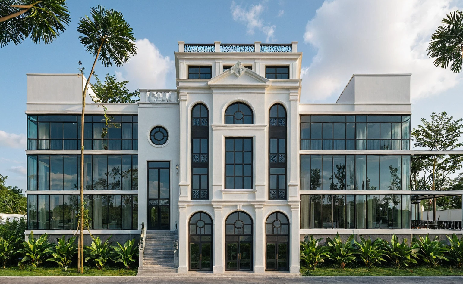 Raw photo, Masterpiece, high quality, best quality, realistic, super detailed, outdoor, neoclassical townhouse style, neoclassical traditional house, large glass windows and first floor, tiled roof green, pattern, white wall, sidewalk, grass, trees, tropical plants, clear sky, clouds, (natural light), (daylight:1.2)