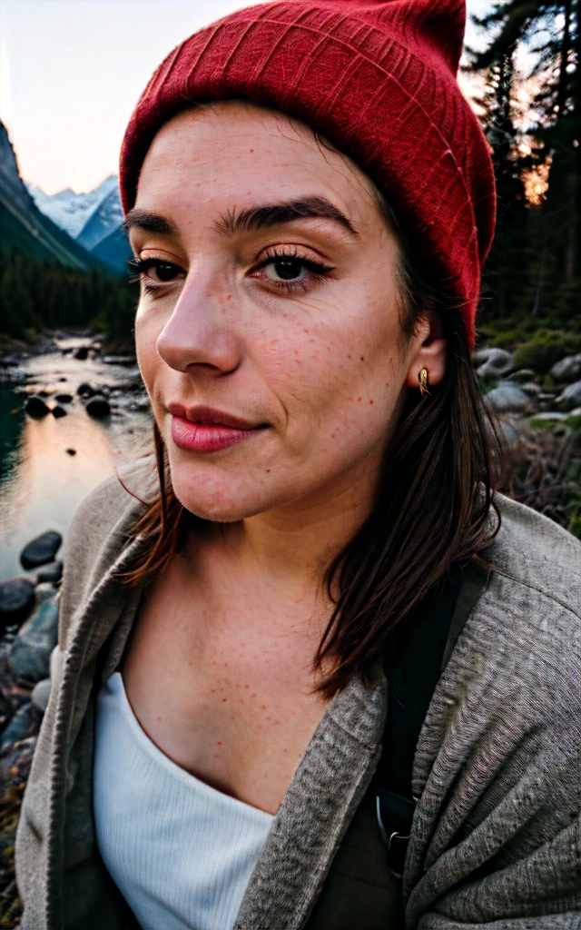 photorealistic, best quality, hyper detailed, beautiful woman, selfie photo, upper body, solo, nude, outdoors, (night), mountains, real life nature, stars, moon, (cheerful, happy), sleeping bag, gloves, sweater, beanie, flashlight, forest, rocks, river, wood, smoke, fog, clear sky, analog style, looking at viewer, skin texture, film grain, close up, ultra high res, best shadow, RAW, instagram LUT