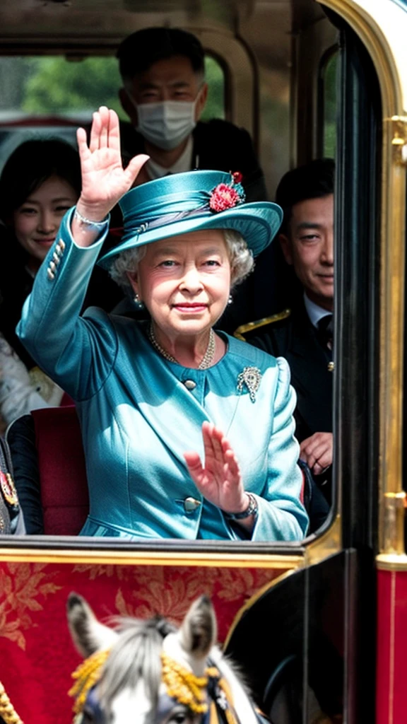The Queen waves to the crowd as she rides in a carriage、Protected by a guard wearing a