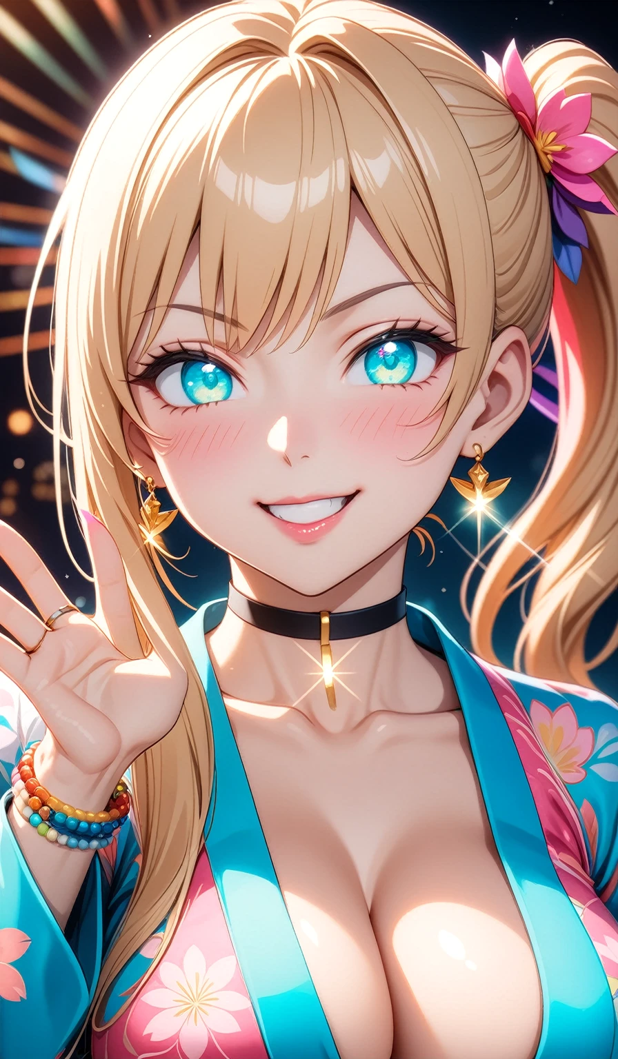 ((One personの女性)), Beautiful Face, (Laughing embarrassedly), (laugh),((Wink:2.1)),((waving at viewer:1.3)),  (head tilt:1.3), Laugh with your mouth wide open,((Bright red cheeks:1.4)),Shiny red lips,Night view,port, firework,Laughing with your mouth open,Glossy pink lips,Facial lighting, ((Anime style background)),masterpiece, Highest quality, so beautiful,up to date, Complex details, (Pink long nails),(ring),(bracelet),(choker),AI-generated, Complex,High resolution, Highest quality, super high quality,3D Images、3D Images,One person,Long blonde hair,High Side Ponytail,(turquoise blue eyes),Anime woman posing for a photo, ((Fine grain、Colorful eyes、Shining Eyes:1.4)), (Squint your eyes:1.1),a hyperRealistic , hyperRealistic , Realistic,Anime woman with long white hair, Smooth anime CG art, A woman in a colorful kimono with gold embroidery, (Pink long sleeve kimono),Red floral pattern,Long flower hair ornament,Earrings,Mature Body,(Big Breasts:1.1),Tall,Abdominal muscles,Tight waist,(Zoom up to face:1.3), (front view),