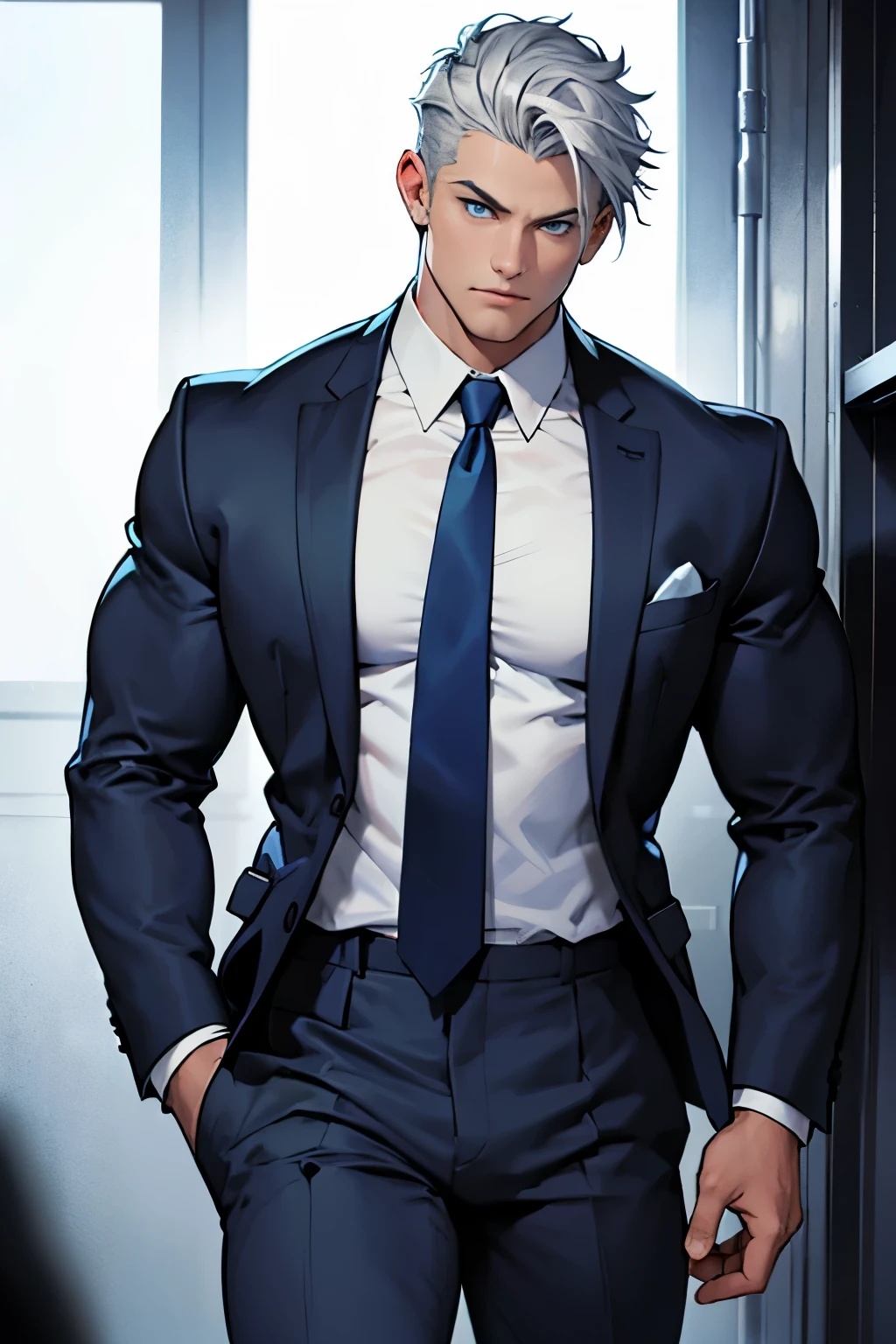 Drawing of a young Chad, Dark blue suit, tie，Dark blue suit外套，White shirt，Pants， Looking at the camera, male，Silver short hair，Blue Eyes，muscle，bodyguard，