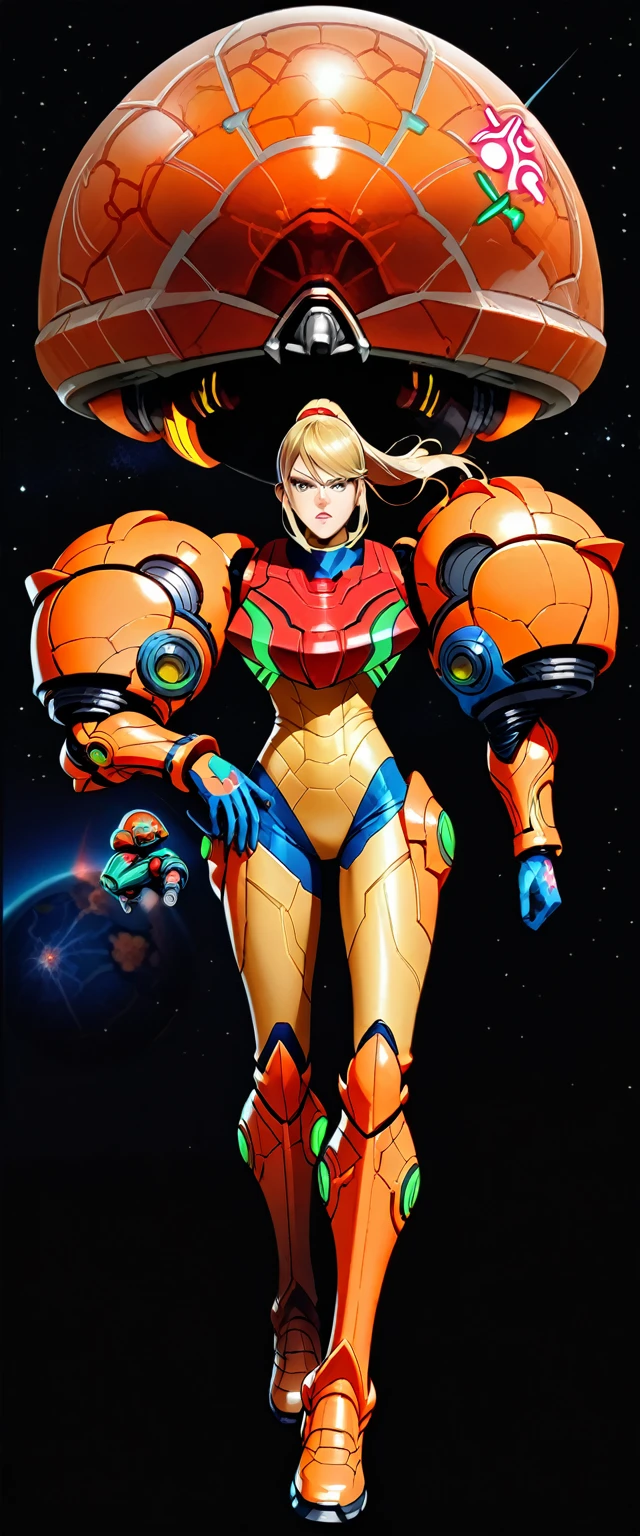 (best quality),female, long hair, ponytail, bangs, power suit (metroid),arm cannon, annoyed
on orange spaceship, repair bay, soldiers, space background,ultra-detailed,sharp focus,aesthetic, score_9, score_8_up, score_7_up,source_anime,
