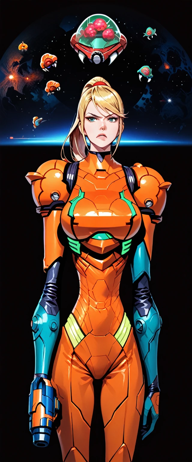 (best quality),female, long hair, ponytail, bangs, power suit (metroid),arm cannon, annoyed
on orange spaceship, repair bay, soldiers, space background,ultra-detailed,sharp focus,aesthetic, score_9, score_8_up, score_7_up,source_anime,
