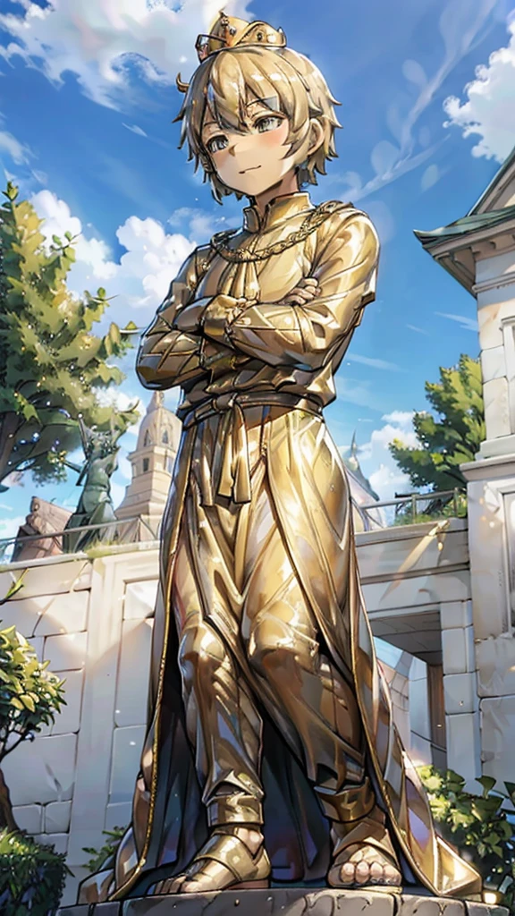 王子的黄金statue，Prince style，Prince costume，宫廷Dress，黄金statue，男孩的黄金statue，带着黄金冠冕的黄金statue，脚边停着一只燕子的黄金statue，金色男孩statue，黄金statue，Dress，Dress，西式宫廷男士Dress，Cute boy，British style，Victorian style，crown，crown，Golden Boy Sculpture，金色男孩statue，黄金statue，佩剑的黄金statue，腰带上挂着配剑的黄金statue，statue，statue，statue，巨大金色statue，巨大金色statue，Outdoor Background，微笑的statue，