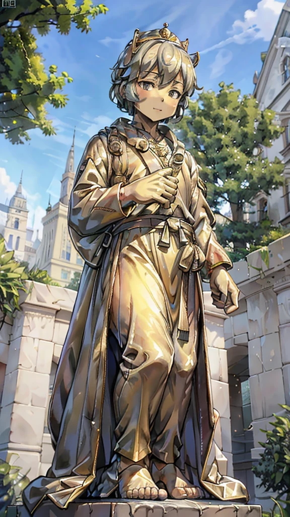 王子的黄金statue，Prince style，Prince costume，宫廷Dress，黄金statue，男孩的黄金statue，带着黄金冠冕的黄金statue，脚边停着一只燕子的黄金statue，金色男孩statue，黄金statue，Dress，Dress，西式宫廷男士Dress，Cute boy，British style，Victorian style，crown，crown，Golden Boy Sculpture，金色男孩statue，黄金statue，佩剑的黄金statue，腰带上挂着配剑的黄金statue，statue，statue，statue，巨大金色statue，巨大金色statue，Outdoor Background，微笑的statue，