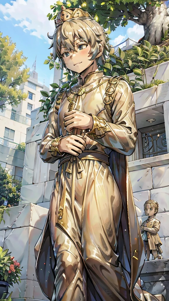 王子的黄金statue，Prince style，Prince costume，宫廷Dress，黄金statue，男孩的黄金statue，带着黄金冠冕的黄金statue，脚边停着一只燕子的黄金statue，金色男孩statue，黄金statue，Dress，Dress，西式宫廷男士Dress，Cute boy，British style，Victorian style，crown，crown，Golden Boy Sculpture，金色男孩statue，黄金statue，佩剑的黄金statue，腰带上挂着配剑的黄金statue，statue，statue，statue，巨大金色statue，巨大金色statue，Outdoor Background，微笑的statue，