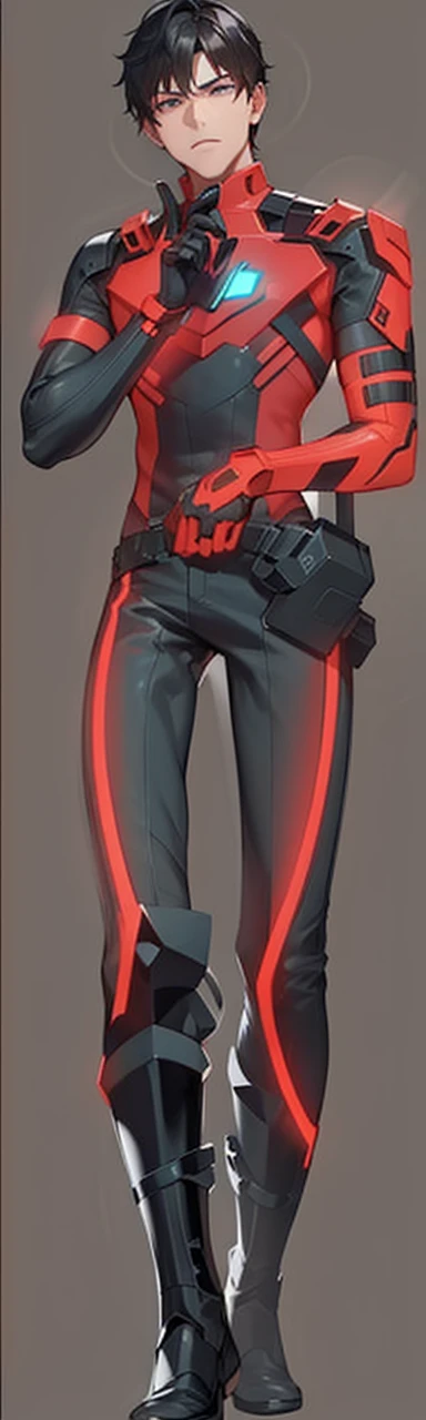 The image shows a young man with short dark hair, dressed in a futuristic and technological red and black suit. His expression is serious and focused.
### Suit Details:
- **chest**: In the center of the chest is a luminous circular design that appears to be a power source or device., surrounded by patterns of luminous lines in red.
- **Upper part**: The top of the suit is red with black details, tuned and designed for combat or special missions. The suit has armor plates on the shoulders and arms, with red luminous details.
- **arms**: The right arm is raised, with hand near the luminous device on the chest. The left arm is covered by black armor with advanced technological details.
- **waist**: The waist is equipped with a tactical belt that has various compartments and attached equipment.
- **legs**: The legs are covered by tight black pants, with luminous red lines that run from the hips to the ankles. The pants appear to be made of a resistant and technological material.
- **Boots**: The boots are black and tall, with a robust design that matches the rest of the technological outfit.
### expression y POSTURE:
- **expression**: His expression is serious and determined, with a clear focus in his gaze.
- **POSTURE**: He is standing, with a firm and confident posture. His right arm is raised, with hand near the luminous device on the chest, while the left arm rests next to his body.
The overall design of the image is high-tech and futuristic, combining armor elements and advanced technological components. The neon red luminous details reinforce the idea of a figure equipped for combat or special missions in an advanced and futuristic environment.