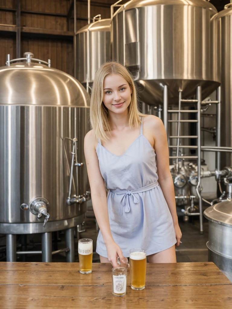 her name is Marie, high quality, 1girl, ((20-year-old fit Caucasian woman)), ((20 years old)), ((fit)), ((pale skin tone)), medium length straight blonde hair , wearing Pastel Lavender Linen Wrap Dress, pose: standing, background: Highlight the inviting ambiance of a local brewery's taproom, with exposed brick walls, long communal tables, and the aroma of hops and malt blending with the hum of conversation.