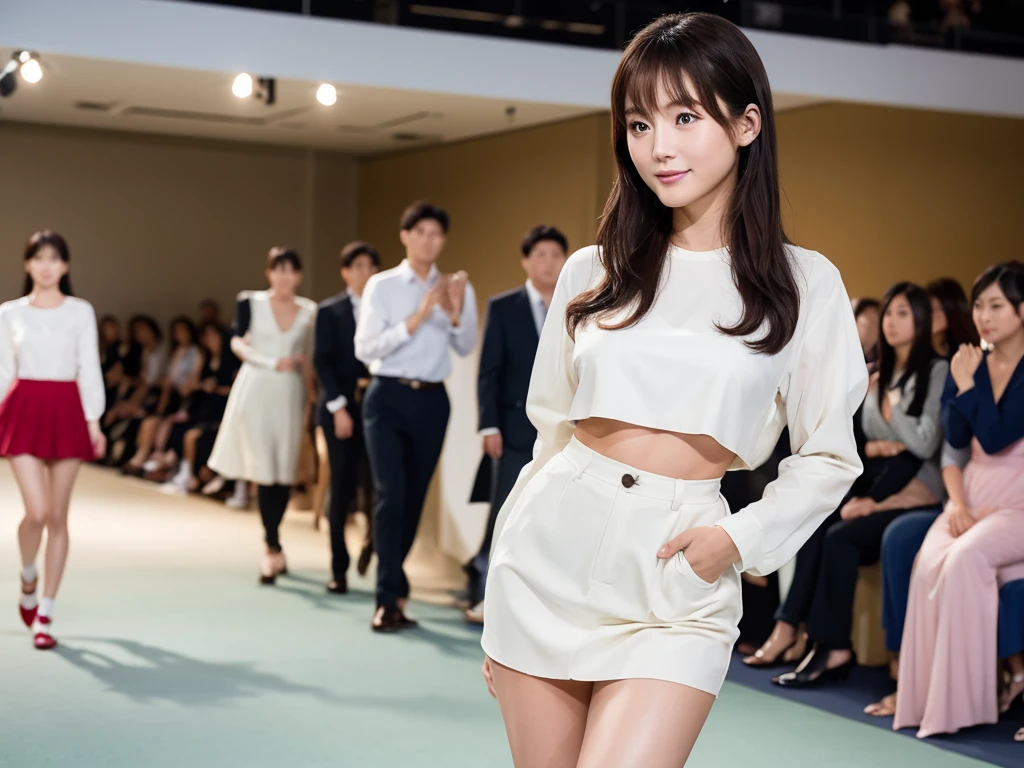 A live-action photo of an extremely beautiful Japanese high school girl race queen who highlights her large breasts and beautiful legs.、Photographed walking down the runway at a fashion show wearing the latest oysho lingerie.、She is an eternal idol who combines a clean look with modern charm.。 She creates such beauty。 She feels her own warmth。 She creates a warm atmosphere。 We create beauty。 That's what I want to say。 In her full body photo、The figure features porcelain-like skin and golden hair that radiates a soft glow.。 This is probably、It captured the essence of her timeless charm.、This is the best shot ever.。 Each straight line and curve is carefully expressed.、Breathtakingly beautiful with impeccable detail。 This piece perfectly captures her timeless beauty.。 Divine Proportions、Sharp focus、Full-body photo taken by Kishin Shinoyama、high quality、High resolution、Detailed Background