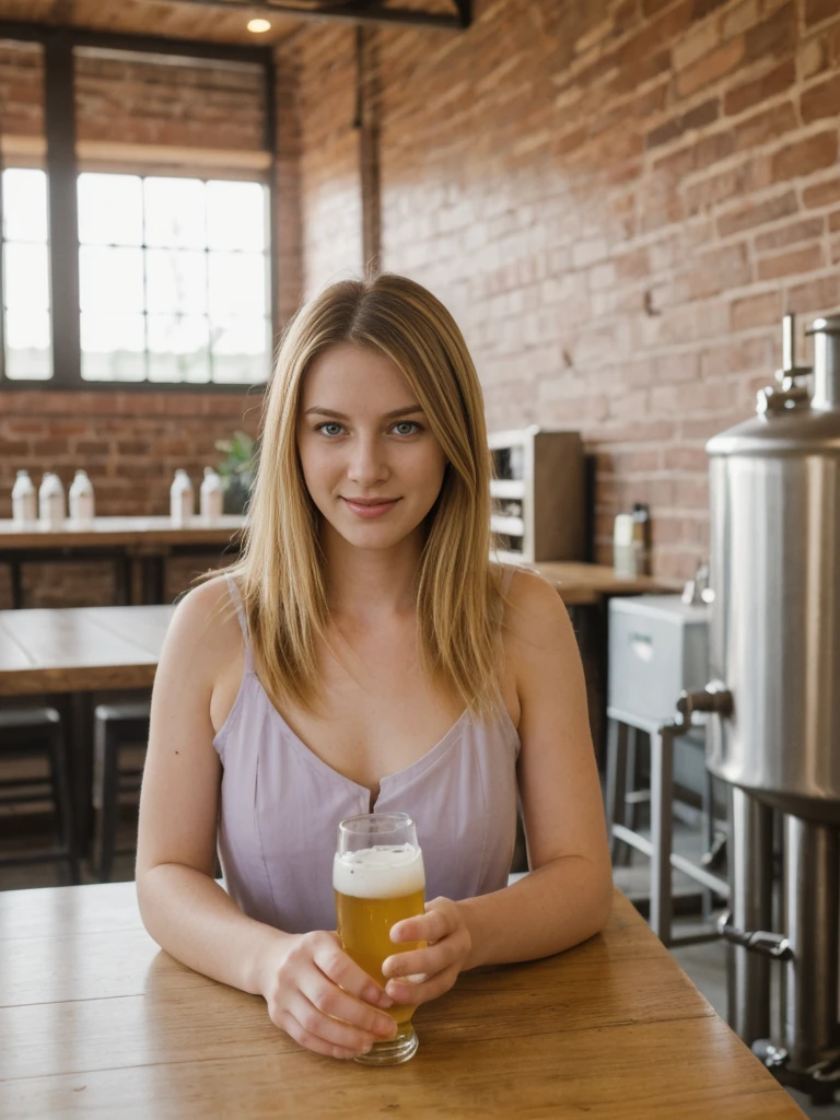 her name is Marie, high quality, 1girl, ((20-year-old fit Caucasian woman)), ((20 years old)), ((fit)), ((pale skin tone)), medium length straight blonde hair , wearing Pastel Lavender Linen Wrap Dress, pose: standing, background: Highlight the inviting ambiance of a local brewery's taproom, with exposed brick walls, long communal tables, and the aroma of hops and malt blending with the hum of conversation.