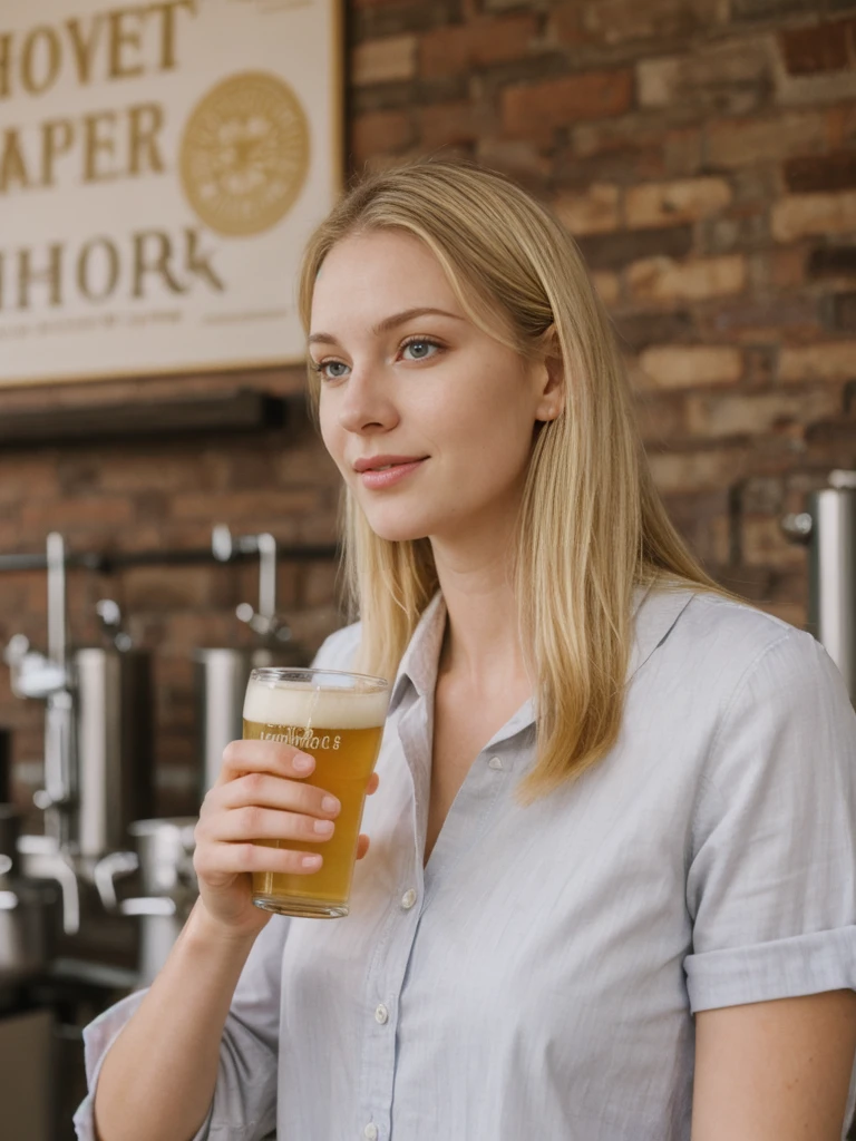 her name is Marie, high quality, 1girl, ((20-year-old fit Caucasian woman)), ((20 years old)), ((fit)), ((pale skin tone)), medium length straight blonde hair , wearing Pastel Lavender Linen Wrap Dress, pose: standing, background: Highlight the inviting ambiance of a local brewery's taproom, with exposed brick walls, long communal tables, and the aroma of hops and malt blending with the hum of conversation.