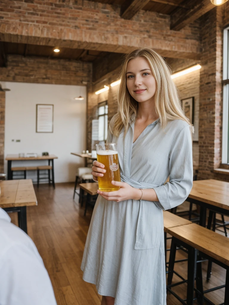her name is Marie, high quality, 1girl, ((20-year-old fit Caucasian woman)), ((20 years old)), ((fit)), ((pale skin tone)), medium length straight blonde hair , wearing Pastel Lavender Linen Wrap Dress, pose: standing, background: Highlight the inviting ambiance of a local brewery's taproom, with exposed brick walls, long communal tables, and the aroma of hops and malt blending with the hum of conversation.