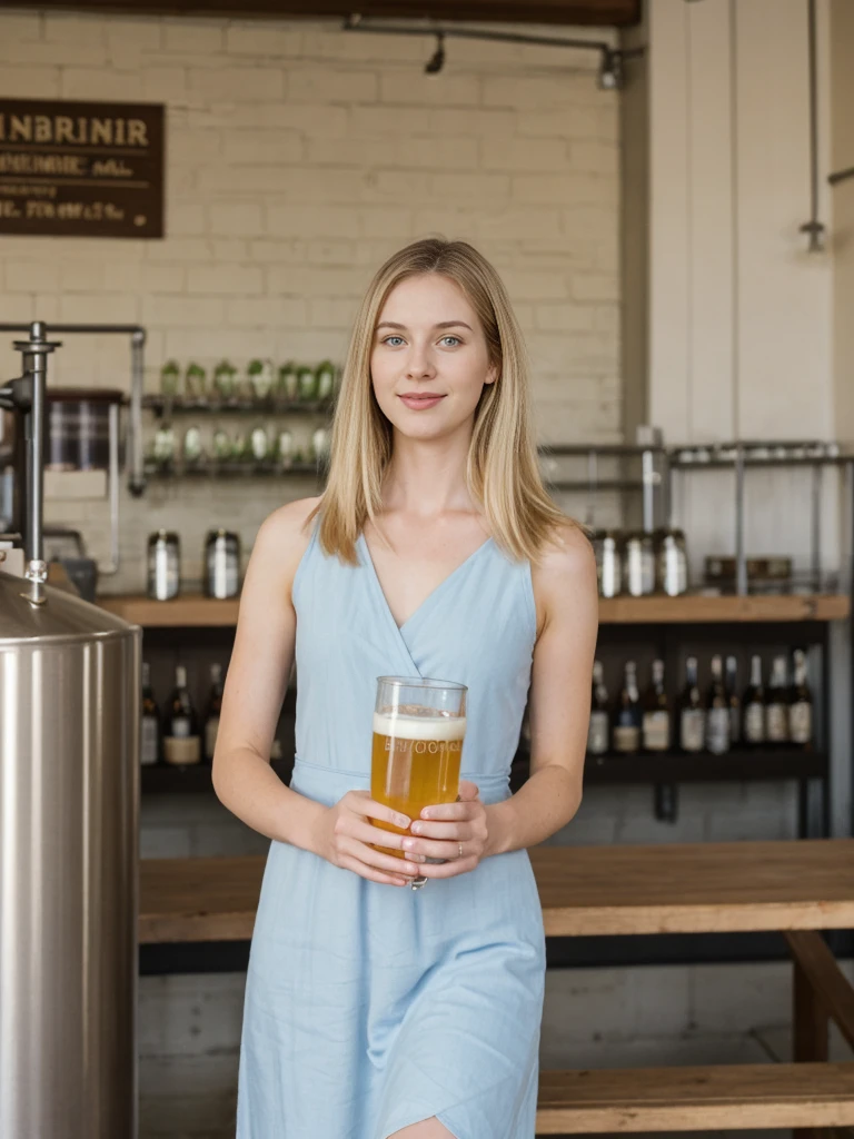 her name is Marie, high quality, 1girl, ((20-year-old fit Caucasian woman)), ((20 years old)), ((fit)), ((pale skin tone)), medium length straight blonde hair , wearing Pastel Lavender Linen Wrap Dress, pose: standing, background: Highlight the inviting ambiance of a local brewery's taproom, with exposed brick walls, long communal tables, and the aroma of hops and malt blending with the hum of conversation.