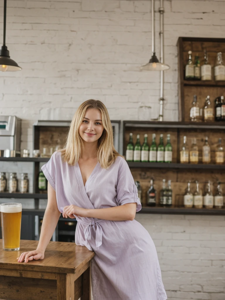 her name is Marie, high quality, 1girl, ((20-year-old fit Caucasian woman)), ((20 years old)), ((fit)), ((pale skin tone)), medium length straight blonde hair , wearing Pastel Lavender Linen Wrap Dress, pose: standing, background: Highlight the inviting ambiance of a local brewery's taproom, with exposed brick walls, long communal tables, and the aroma of hops and malt blending with the hum of conversation.