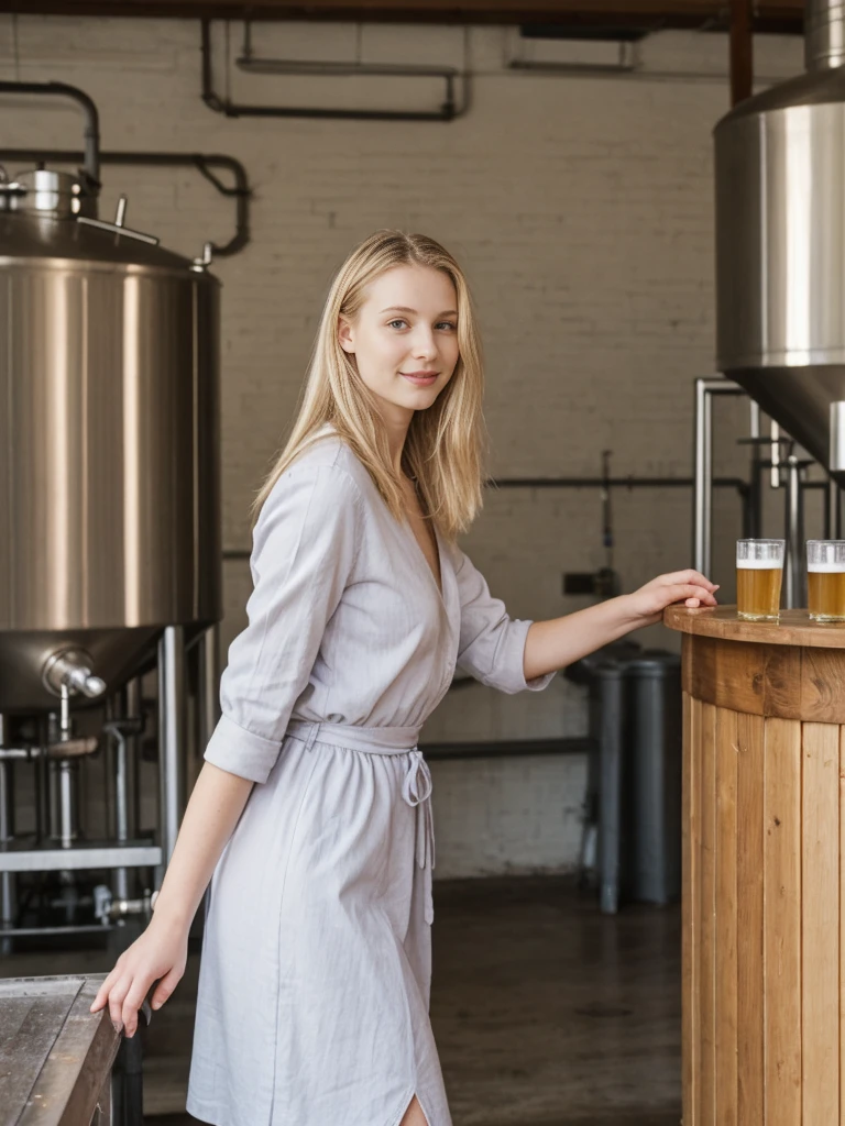 her name is Marie, high quality, 1girl, ((20-year-old fit Caucasian woman)), ((20 years old)), ((fit)), ((pale skin tone)), medium length straight blonde hair , wearing Pastel Lavender Linen Wrap Dress, pose: standing, background: Highlight the inviting ambiance of a local brewery's taproom, with exposed brick walls, long communal tables, and the aroma of hops and malt blending with the hum of conversation.