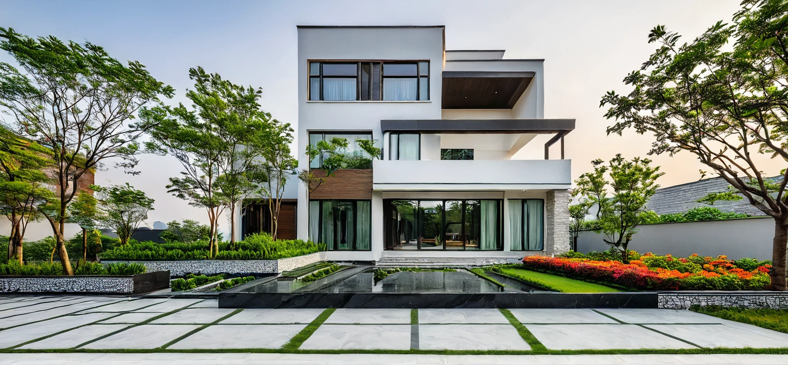 qlcd,tingyuan, photo of modern villa, grassland, garden, shrubs and trees, rock decoration, clear sky, sun light, realistic photo