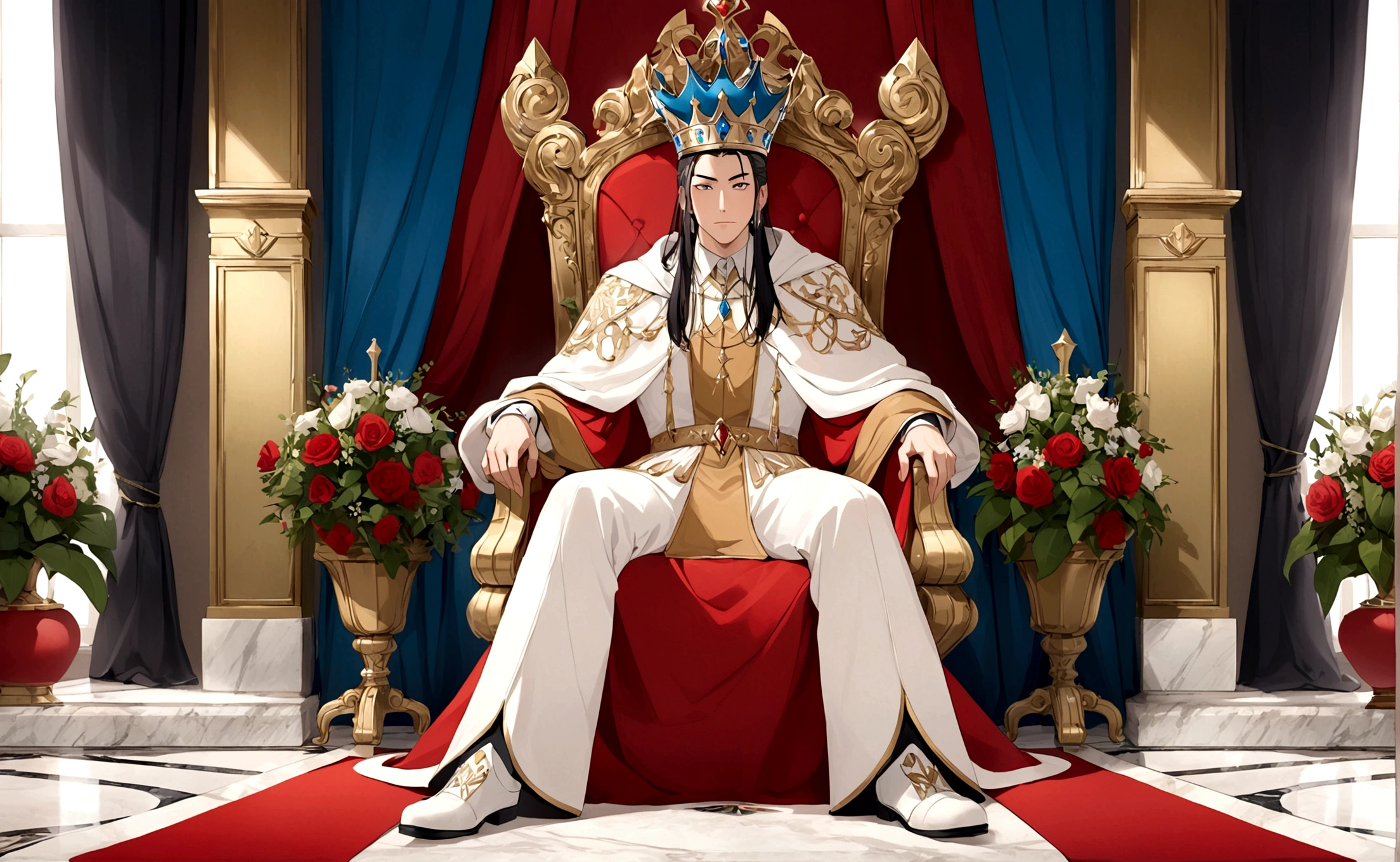 man, host, With a crown, Sitting on the throne,Gorgeous chairs,Marble Flooring,