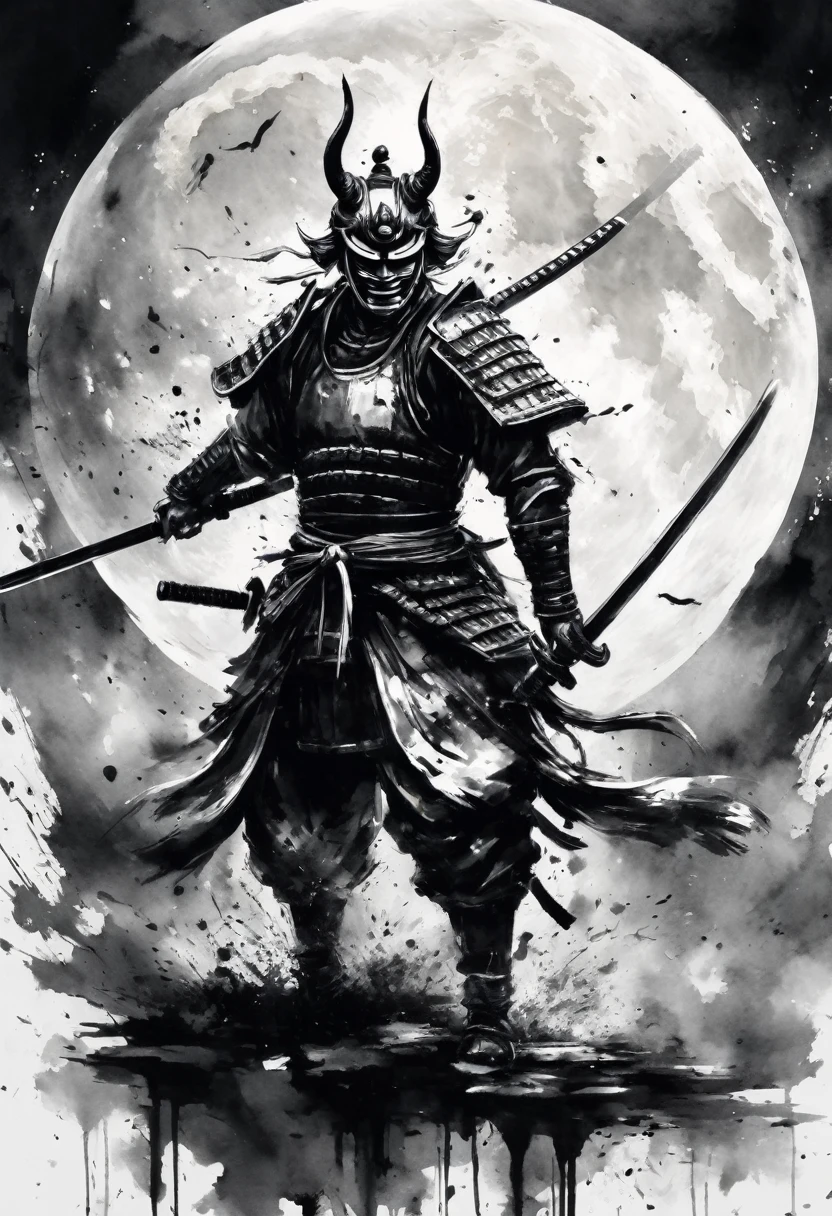 Black and white painting,Ink Painting,Warrior,(hannya face mask,samurai armor),(Helmet with Moon Symbol),(spread legs,Recreate the scene of raising the sword to attack the enemy.),Draw a circle with brush splashes,