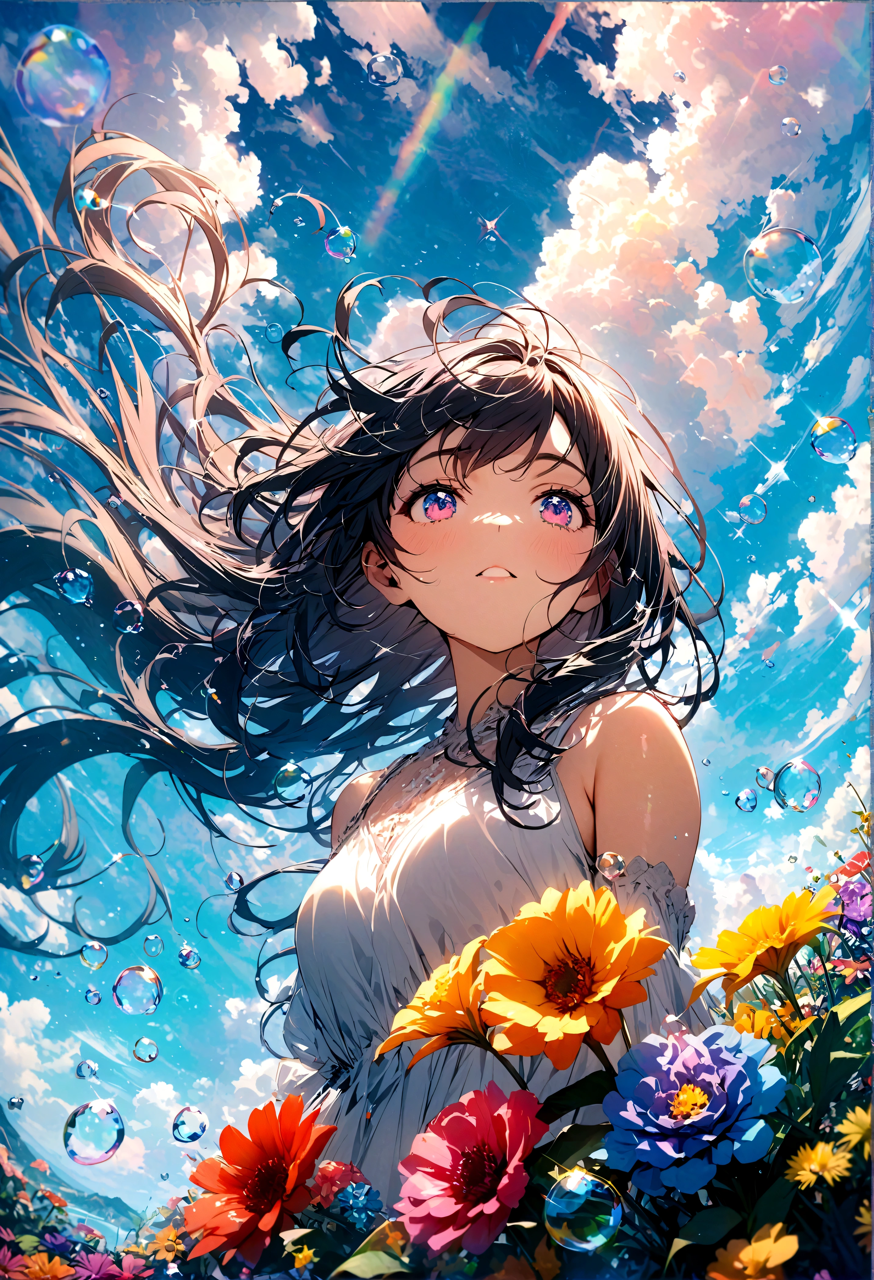 JK,Flowing hair,Beautiful sky, Beautiful clouds, Summer,Colorful flowers, (Crystal clear bubbles sparkle in the sky), masterpiece,high resolution,Wide-angle lens