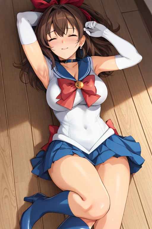 masterpiece, high definition, best quality, rendered art, well formed hands, fingers and body, 1 woman, solo, Haruhi Suzumiya, hair ribbon, adult, grown up, wearing Sailor Moon's outfit, big breasted, cleavage, full body, sexy sailor senshi uniform, short blue skirt, red boots, gorgeous hips, legs and thighs, white elbow gloves, sailor collar, tiara, earrings,ryona,in peril, she is defeated, knocked out, passed out, closed eyes, exhausted, unconscious, laying down on the sand, extended exposed body, full body on the sand, breathing heavily, sexy smirk on her face, bouncing breasts, sexy defeated pose, defeat and KO scene, fallen beauty, martial arts tournament with beach environment