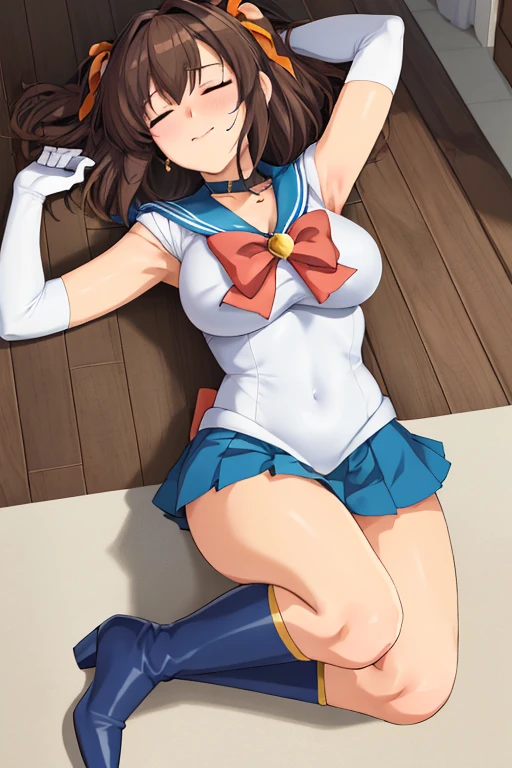 masterpiece, high definition, best quality, rendered art, well formed hands, fingers and body, 1 woman, solo, Haruhi Suzumiya, hair ribbon, adult, grown up, wearing Sailor Moon's outfit, big breasted, cleavage, full body, sexy sailor senshi uniform, short blue skirt, red boots, gorgeous hips, legs and thighs, white elbow gloves, sailor collar, tiara, earrings,ryona,in peril, she is  defeated, knocked out, passed out, closed eyes, exhausted, unconscious, laying down on the sand, extended exposed body, full body on the sand, breathing heavily, sexy smirk on her face, bouncing breasts, sexy defeated pose, defeat and KO scene, fallen beauty, martial arts tournament with beach environment 