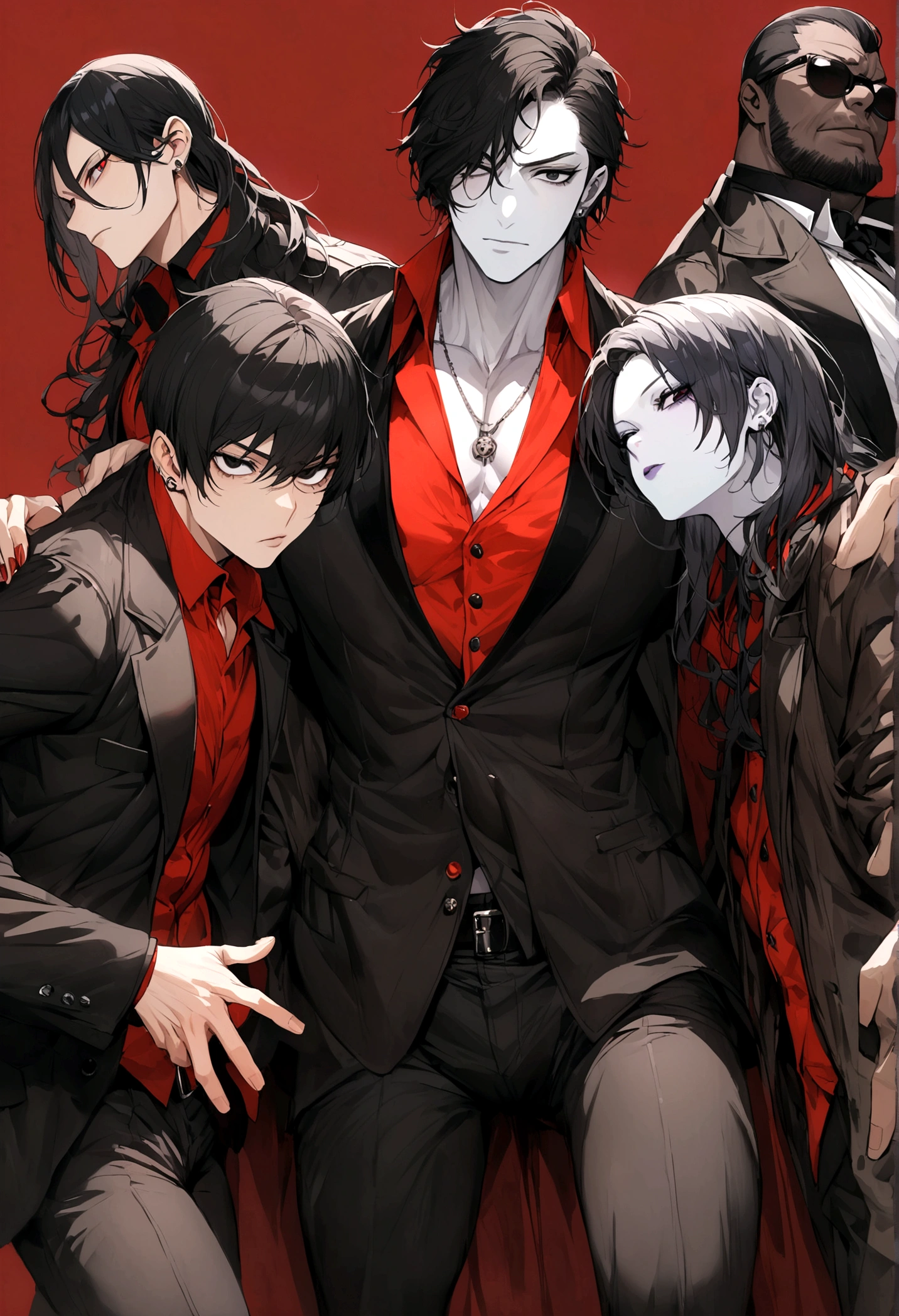 stocky boy in dull leather clothing, bi-color red and black eyes, black hair, that has a mafia bearing, pale skin tone