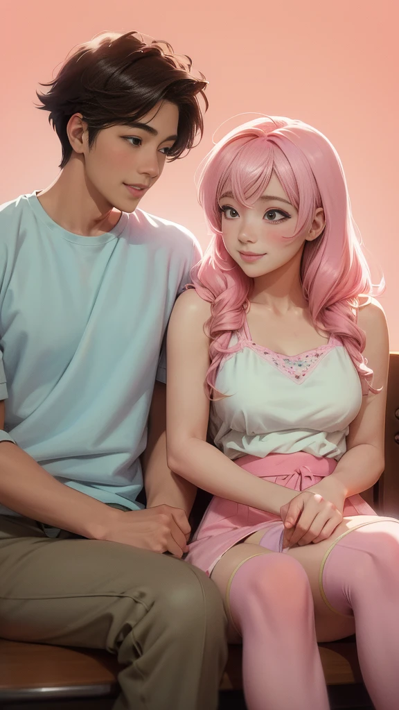 Cute anime style、High school boys and girls、A scene where two people are sitting opposite each other in a cafe, making eye contact and smiling.。Pastel painting style、Plain pink background