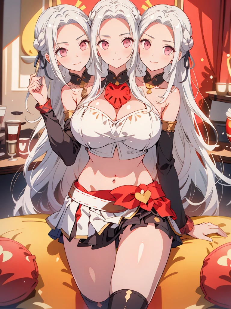(masterpiece, best quality), best resolution, (3heads:1.5), 1girl, white-silver hair, long flowing hair, smiling, open belly, black crop top, red-nlack miniskirt, open breasts, huge tits,