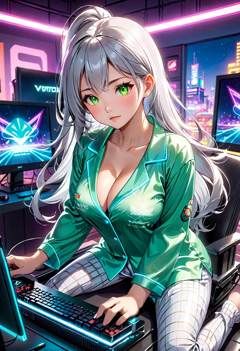 Beautiful asian woman, long silver hair, green eyes, cute pajamas, busty, playing video games on a futuristic computer with neon lights, competitive gaming, anime style