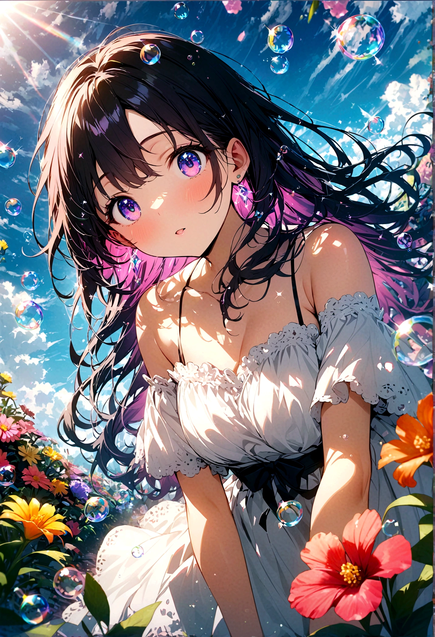 JK,Flowing hair,Beautiful sky, Beautiful clouds, Summer,Colorful flowers, (Crystal clear bubbles sparkle in the sky), masterpiece,high resolution,Wide-angle lens