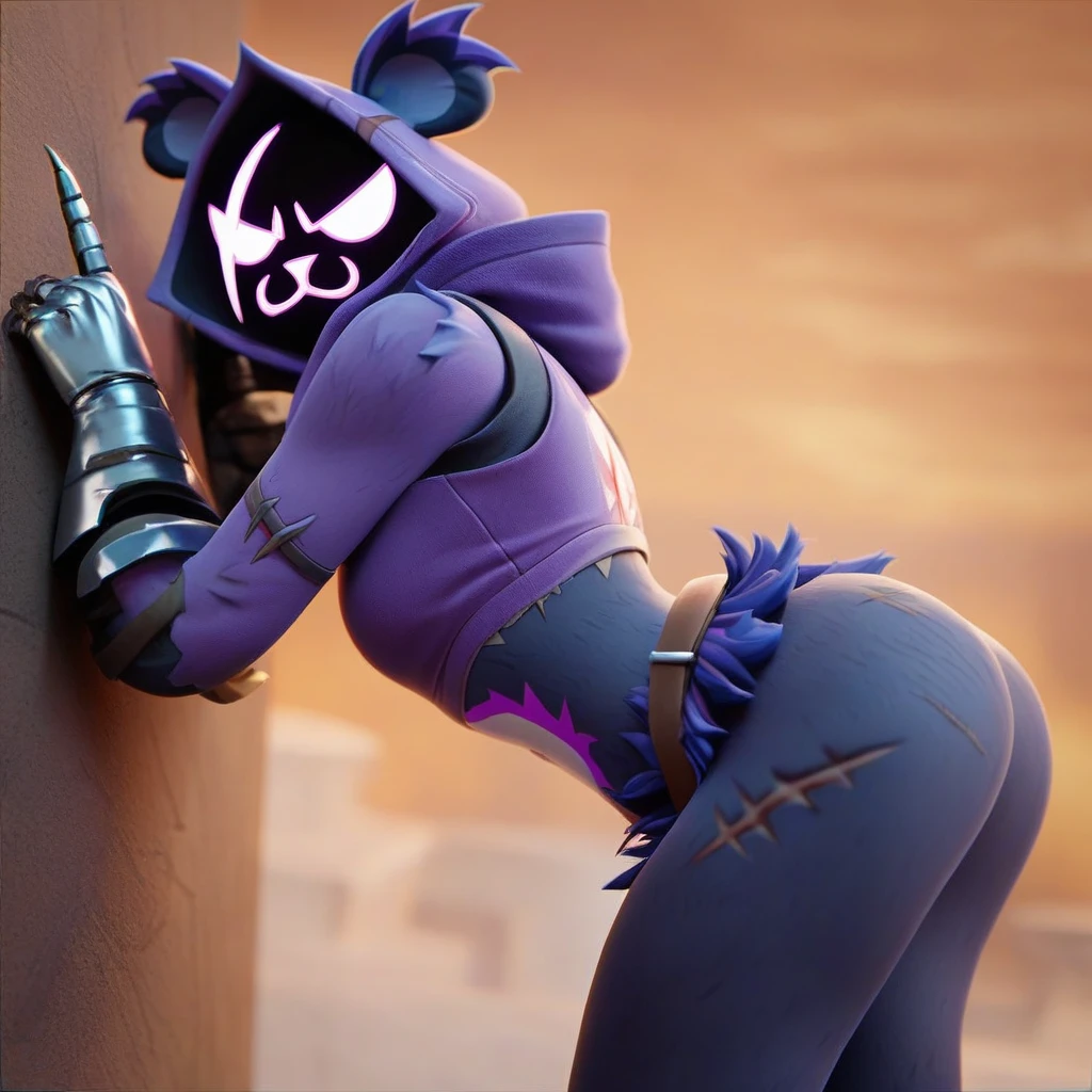 Raven team leader,purple hoodie, with no face, shadowed face, animal ears,purple skin, scar on eye, body skin, purple fur, waist belt, torso symbol, metal gloves, pointing your ass at the viewer, leaning forward, pushing, she closes her eyes, hands resting on top of a small wall, arms on top of a wall with her eyes closed, expression of force, stomachache, stomach growling. scenery and a sunny day