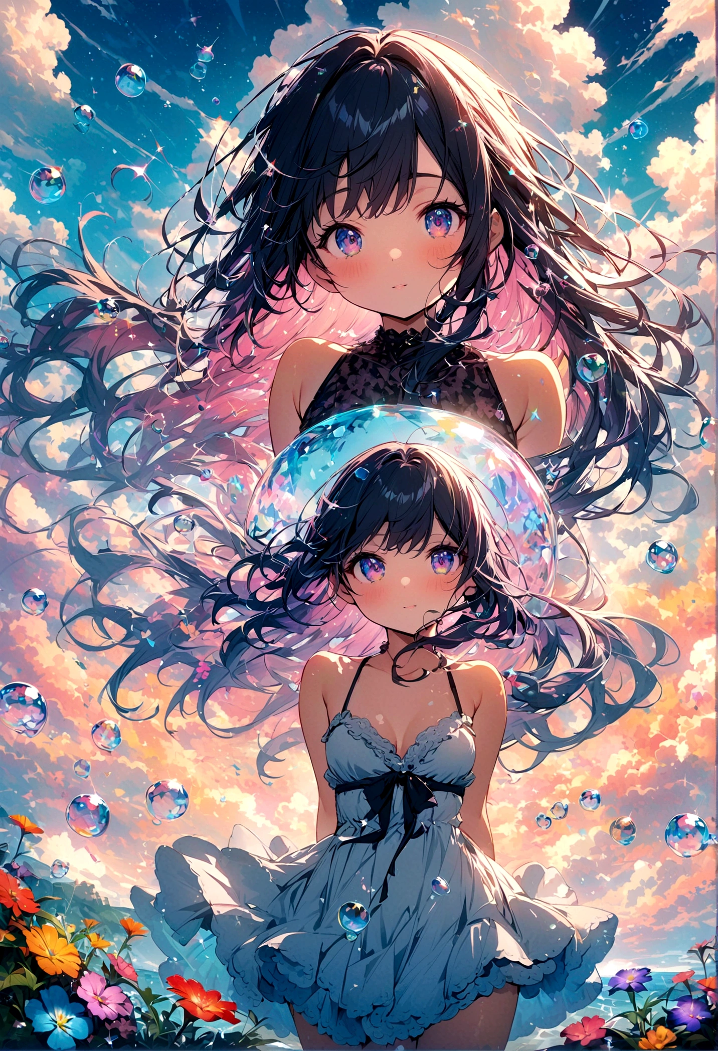 JK,Flowing hair,Beautiful sky, Beautiful clouds, Summer,Colorful flowers, (Crystal clear bubbles sparkle in the sky), masterpiece,high resolution